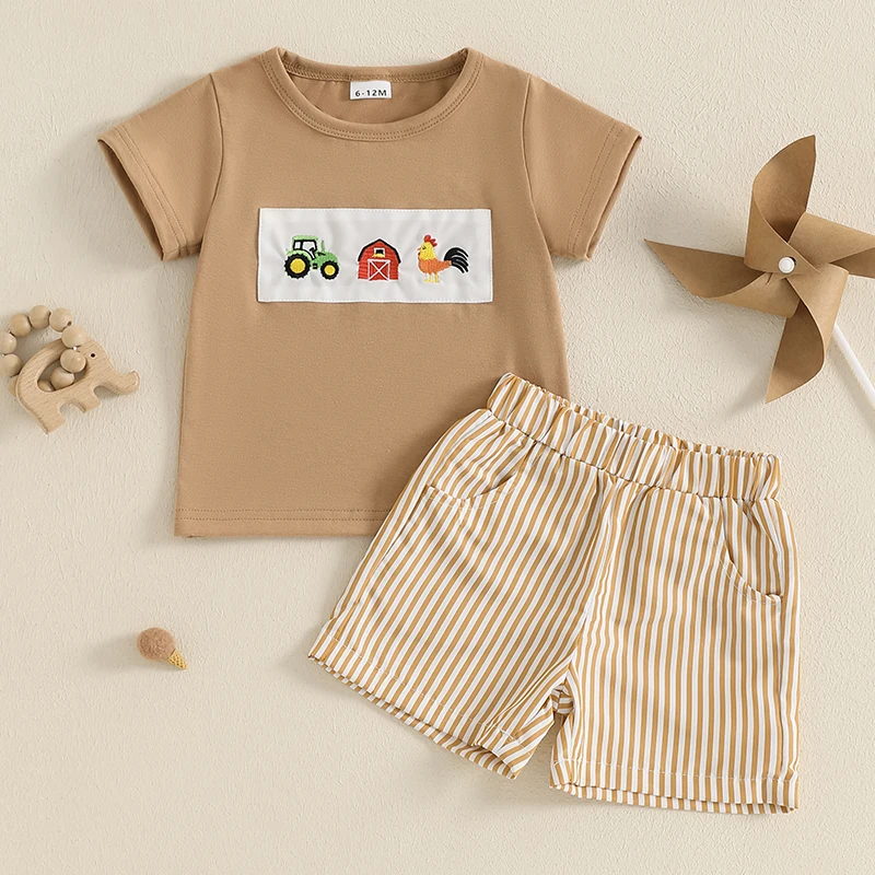 Vintage Toddler Kids Boy Summer Clothing Outfits Animal Embroidery Round Neck Short Sleeve T-shirts with Striped Shorts Outfits, kids clothing set