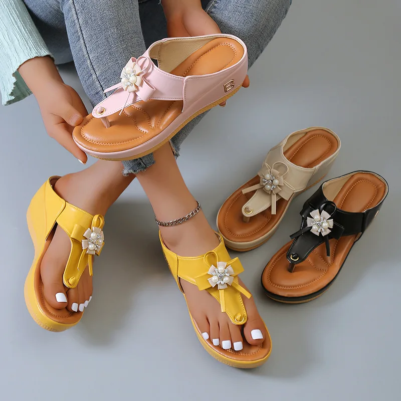 

New Women Slippers 2023 Fashion Wedge Platform Flip Toe Flip Flops Shoes Female Flower Sandals Retro Rome Beach Slides