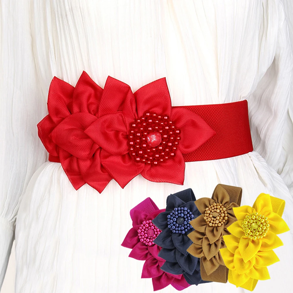 

Women Wide Elastic Dress Belt Fashion Flower Pearl Beads Floral Stretch Waistbands Dress Coat Sweater Decorative Versatile Belt