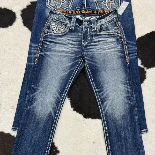 2024 Summer Blue Embroidered Men's and Women's New Heavy Street American Retro Trendy Washed High-Elastic Flare Jeans Hot Sale 4