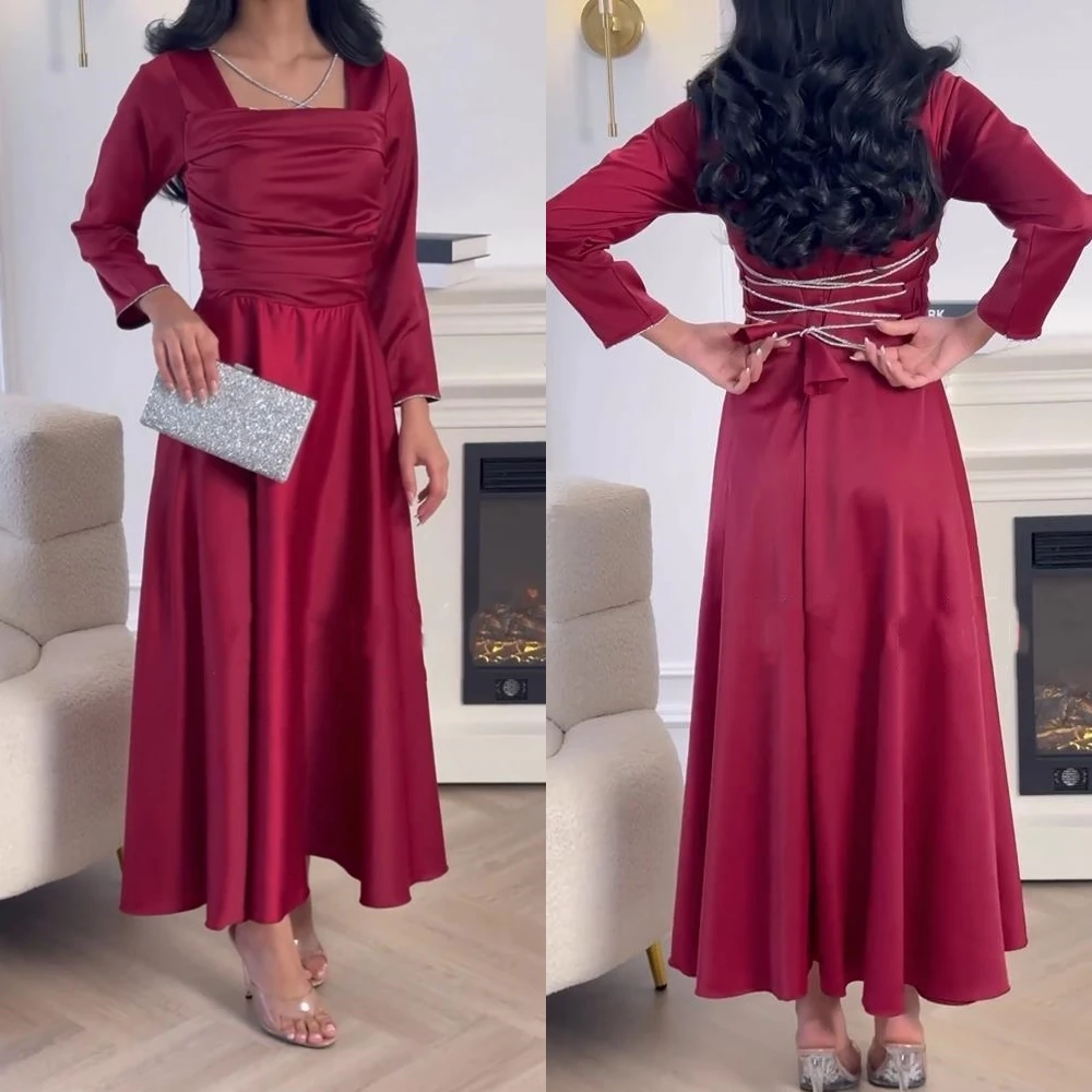 Jiayigong  Satin Draped Pleat Engagement A-line Square Collar Bespoke Occasion Gown Long Sleeve Dresses