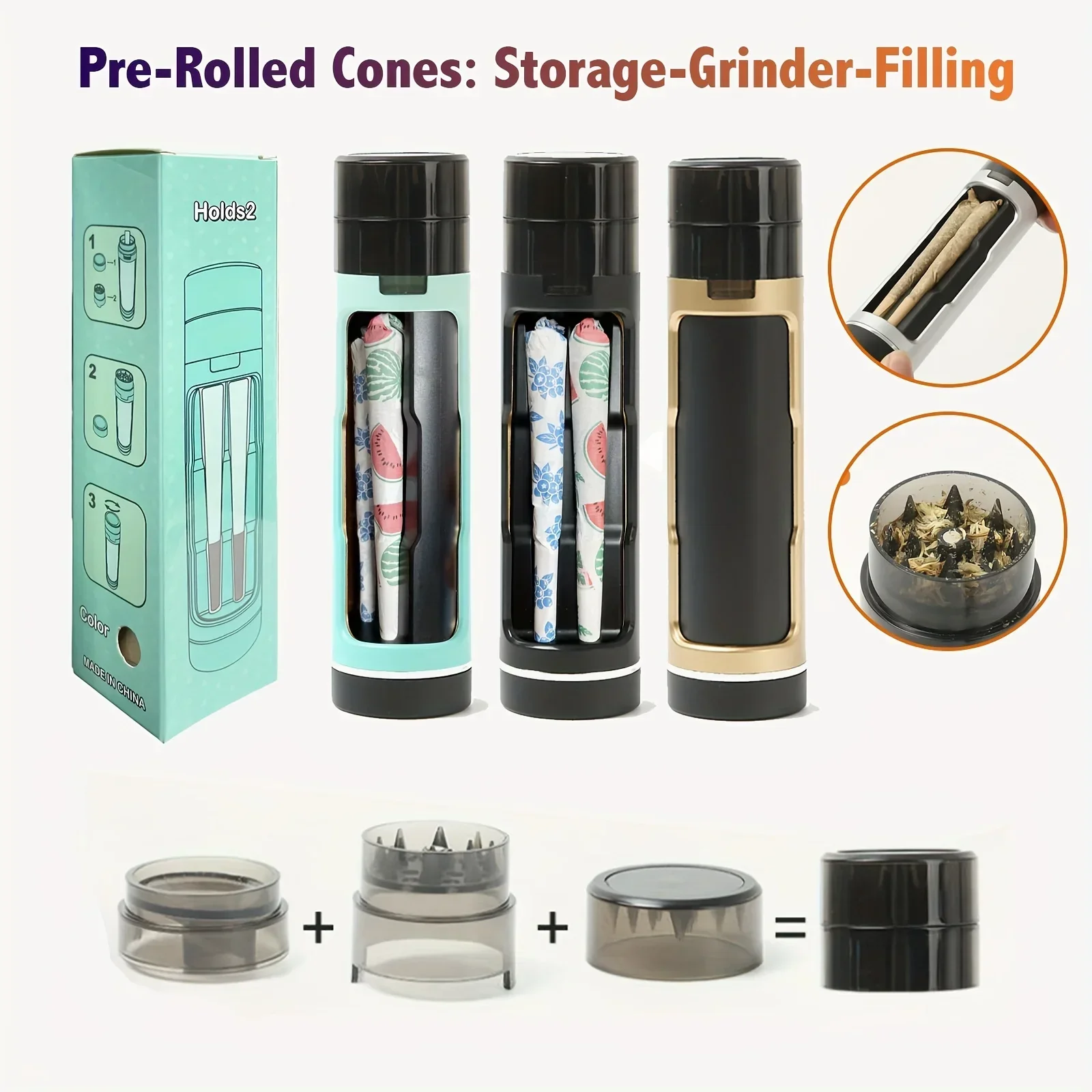 3 In 1 Portable Cigarettes Case with Filling Horn Tube Function Manual Tobacco Grinder Crusher Smoking Accessories herb grinder,tobacco grinder,tobacco smoking accessories,smoking accessories
