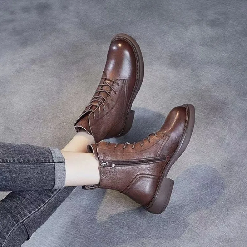 Shoes for Women 2023 Fashion Ankle Women's Boots Outdoor Modern Boots Women Lace Up Side Zip Round Toe Chunky Heel Ladies Shoes