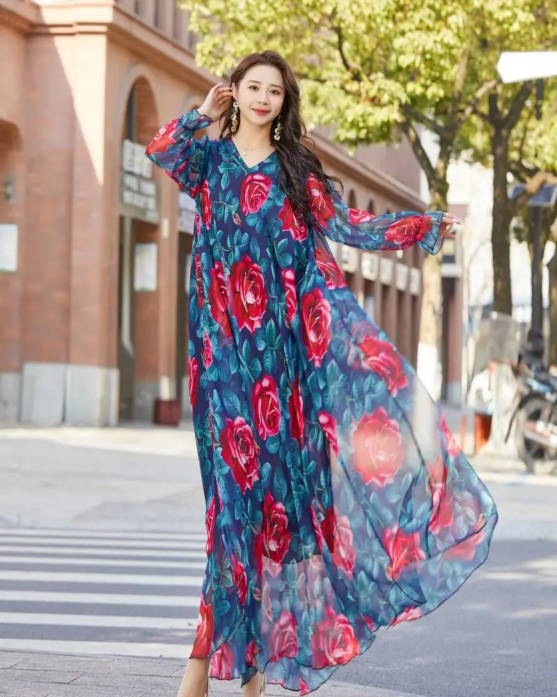 2023 yaz ifon nefes cicek bask moda plaj tatil seyahat Maxi elbise Robe Femme Musulmane abaya uzun elbise yeni AliExpress