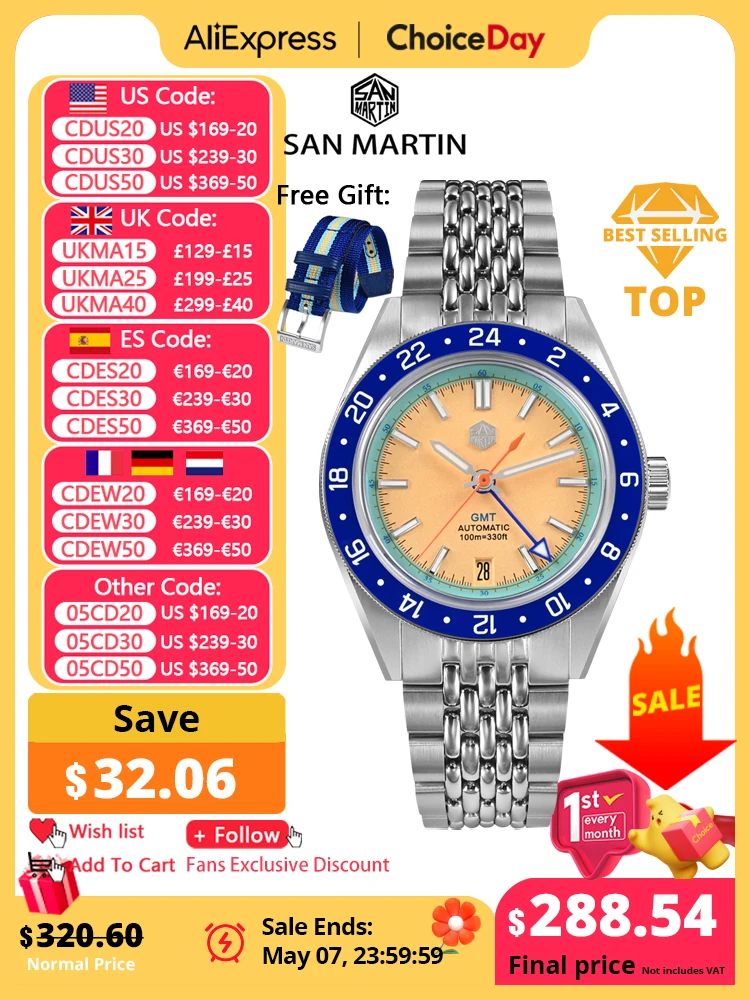 San Martin Limited Edition 39.5mm Full Luminous NH34 GMT Original Design Men Sports Watch Automatic Mechanical Waterproof SN0116
