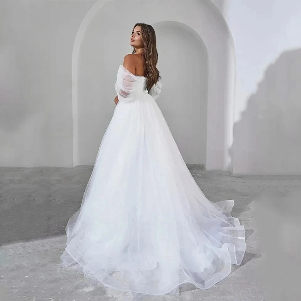 BOHO Elegant Wedding Dresses Sweetheart Off The Shoulder Bridal GownsTulle Pleat Robe For Bride Backless Vestidos De Novia 2