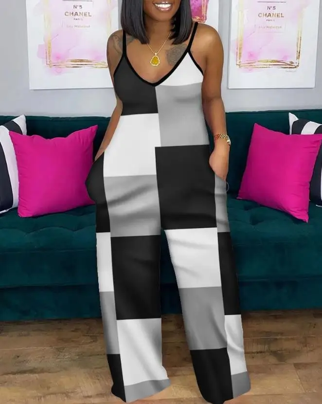 Plus Size Geometric Color Block Printed Italian Noodles with U-Neck and Shoulder Strap Jumpsuit for Women's Casual Summer Wear
