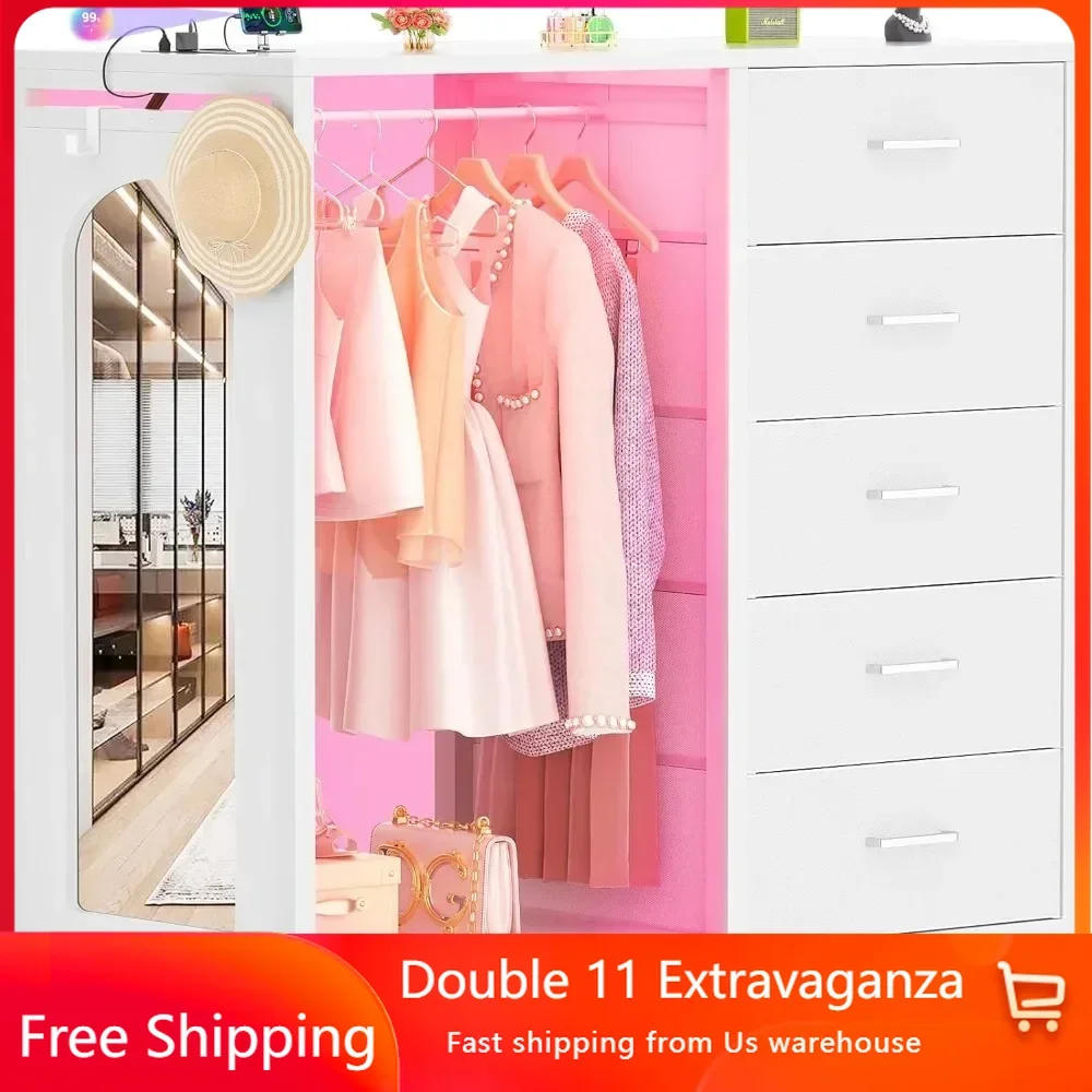 Children's wardrobe with clothes hanger and mirror, white 5-drawer wardrobe with charging station LED lights, drawers can roll