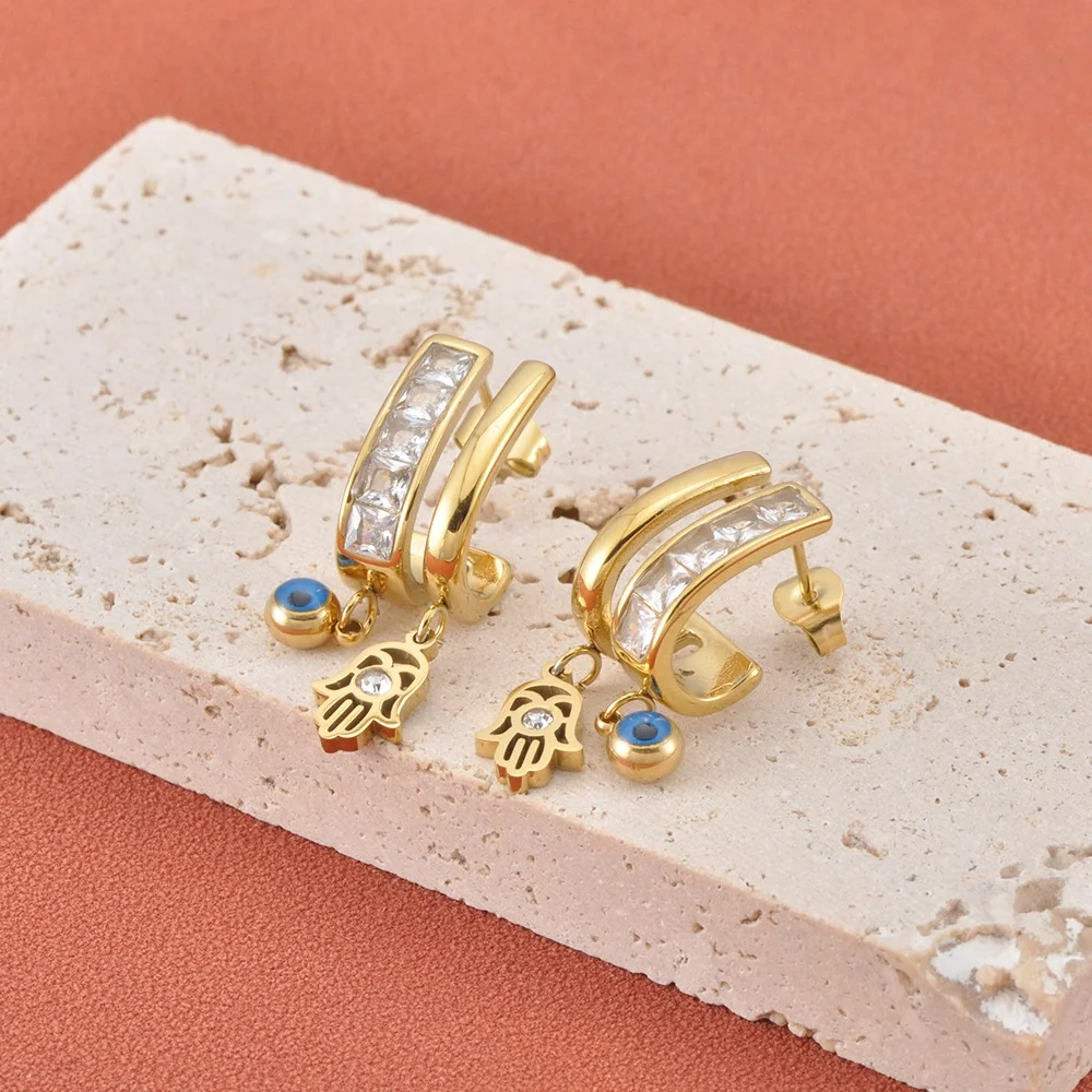 JeeMango Edelstahl-Ohrringe mit türkischem Dämonenauge, Zirkonia, Fatima-Hand, hohle Evil-Eye-Ohrringe für Damen E26055 – Detail 2