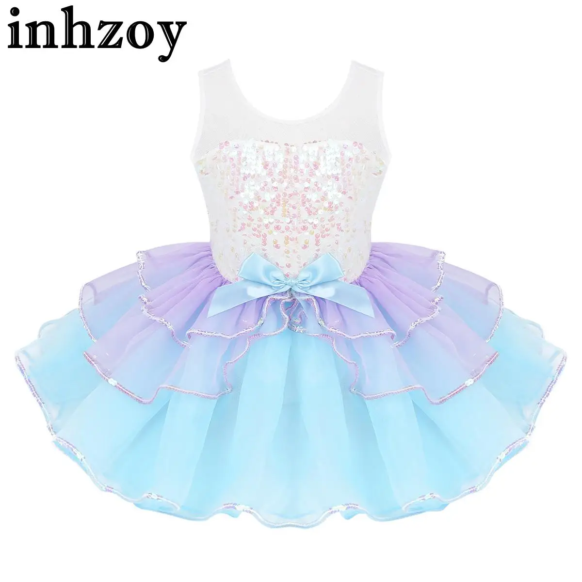 

Kids Girls Ballet Dance Tutu Dress Dancewear Shiny Sequins Mesh Splice Bowknot Leotard Tiered Dresses Stage Performance Costume
