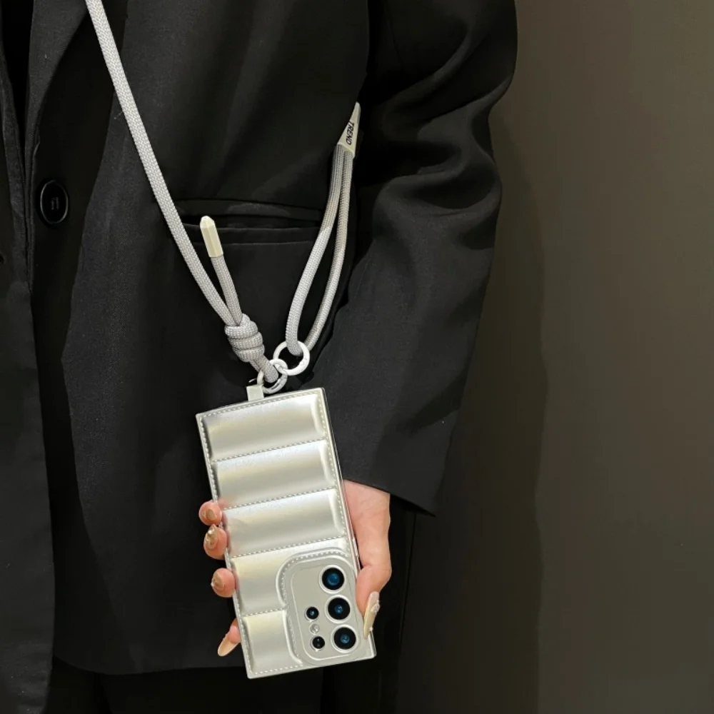 Luxury Down Jacket Crossbody Phone Case with Long Lanyard Strap Cover