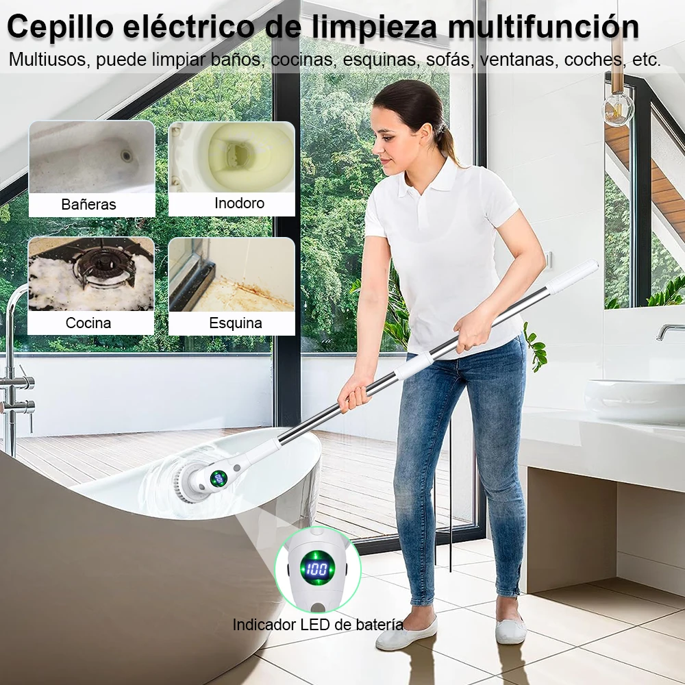 Limpiador giratorio eléctrico inalámbrico, cepillo de limpieza para el  hogar, 400 RPM/Mins-8 cabezales de cepillo reemplazables, tiempo de trabajo  de