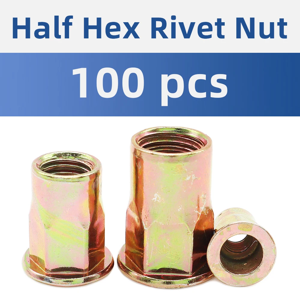 100pcs-m4-m5-m6-m8-m10-m12-flat-head-semi-hex-bod-rivet-nut-half-hex