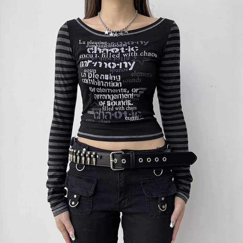 

American Style Special Print Splicing Fashionable Street Round Neck Long Sleeved TighT Basic Pullover T-shirt Women's ColleCtion