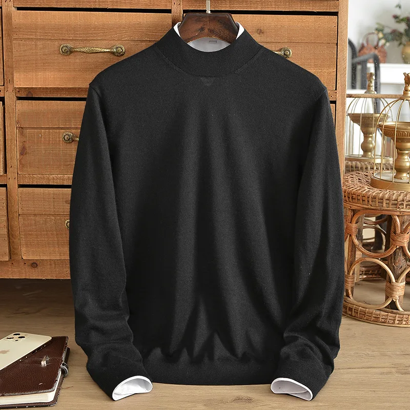 

Autumn new high-end pure cashmere sweater men's semi-high collar solid color worsted thin bottoming knitted sweater pullover