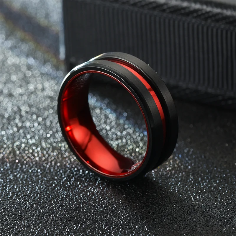 Stainless Steel Rings 8mm Red Groove Beveled Edge for Male