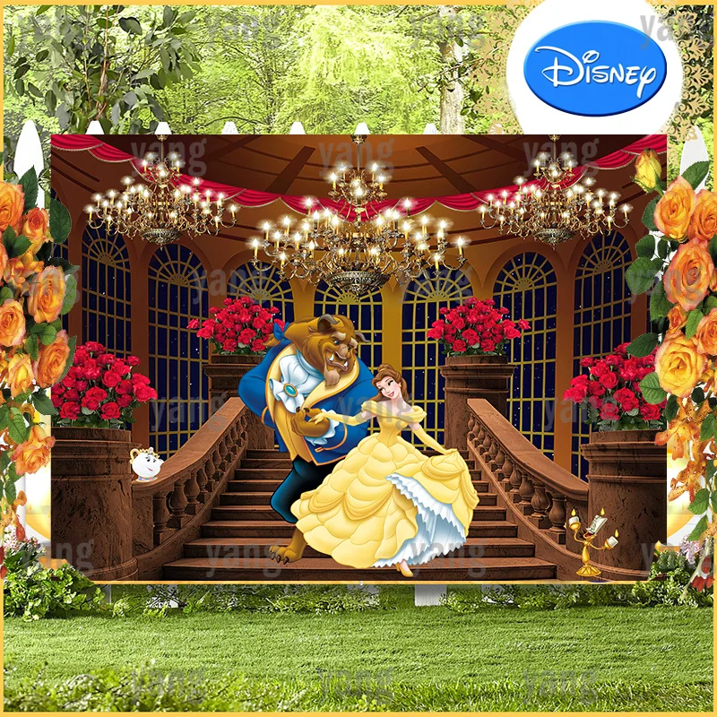 

Disney Beauty and the Beast Cartoon Belle Princess Custom Romantic Rose Palace Backdrop Birthday Party Photography Background