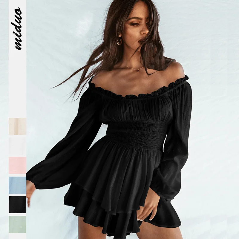 Summer Women Pleated One Line Collar Long Sleeved Casual Ruffled Jumpsuit Ladies High Waist French Shorts One Piece Suit Rompers ladies skirt suit solid color loose long sleeved suit jacket temperament high waist pleated skirt short skirt two piece suit