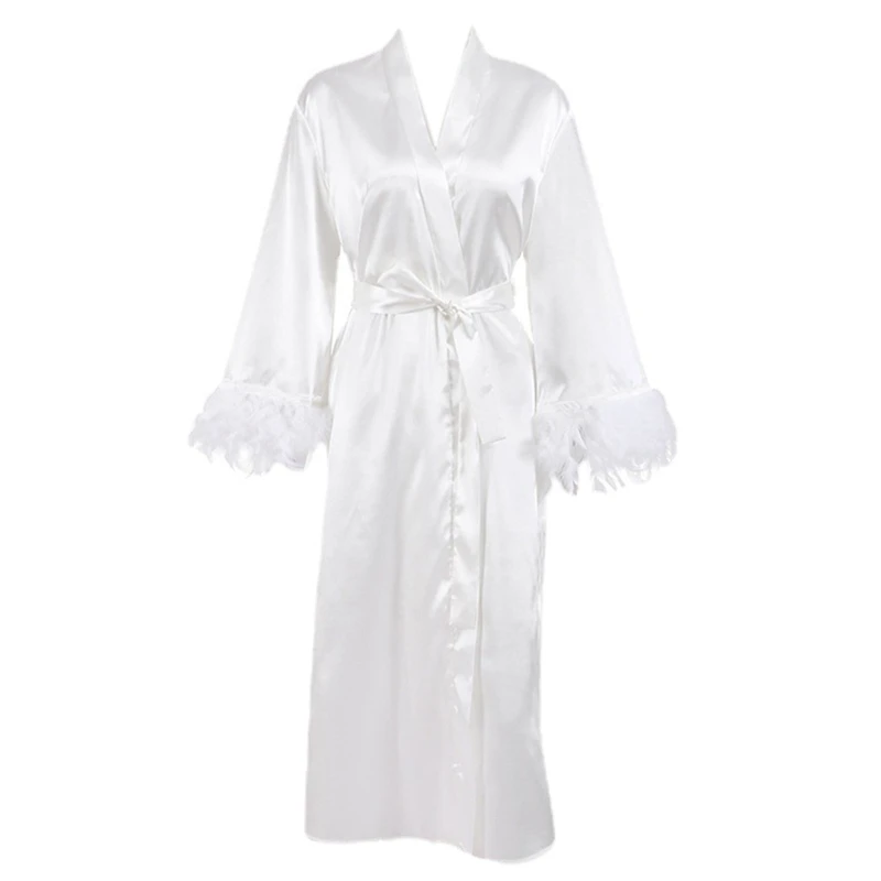 

Womens Bathrobe Feather Cuff Soft Spa Robe Luxury Sleepwear for Women
