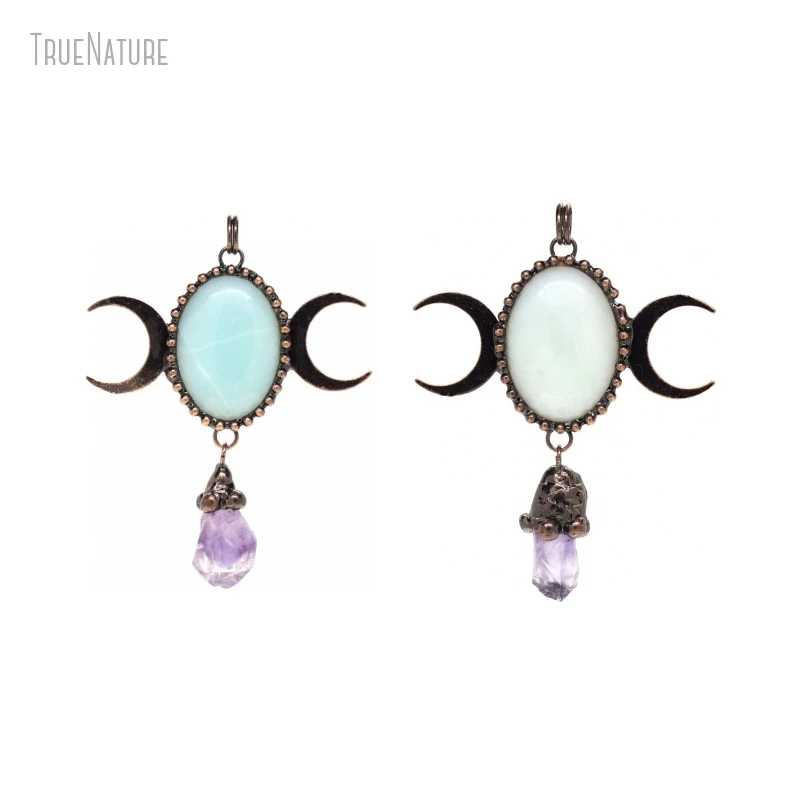 

10Pcs Wholesale Crescent Moon Oval Vintage Style Boho Witch Jewelry Antique Bronze Color Amazonite Amethysts Crystal Pendant