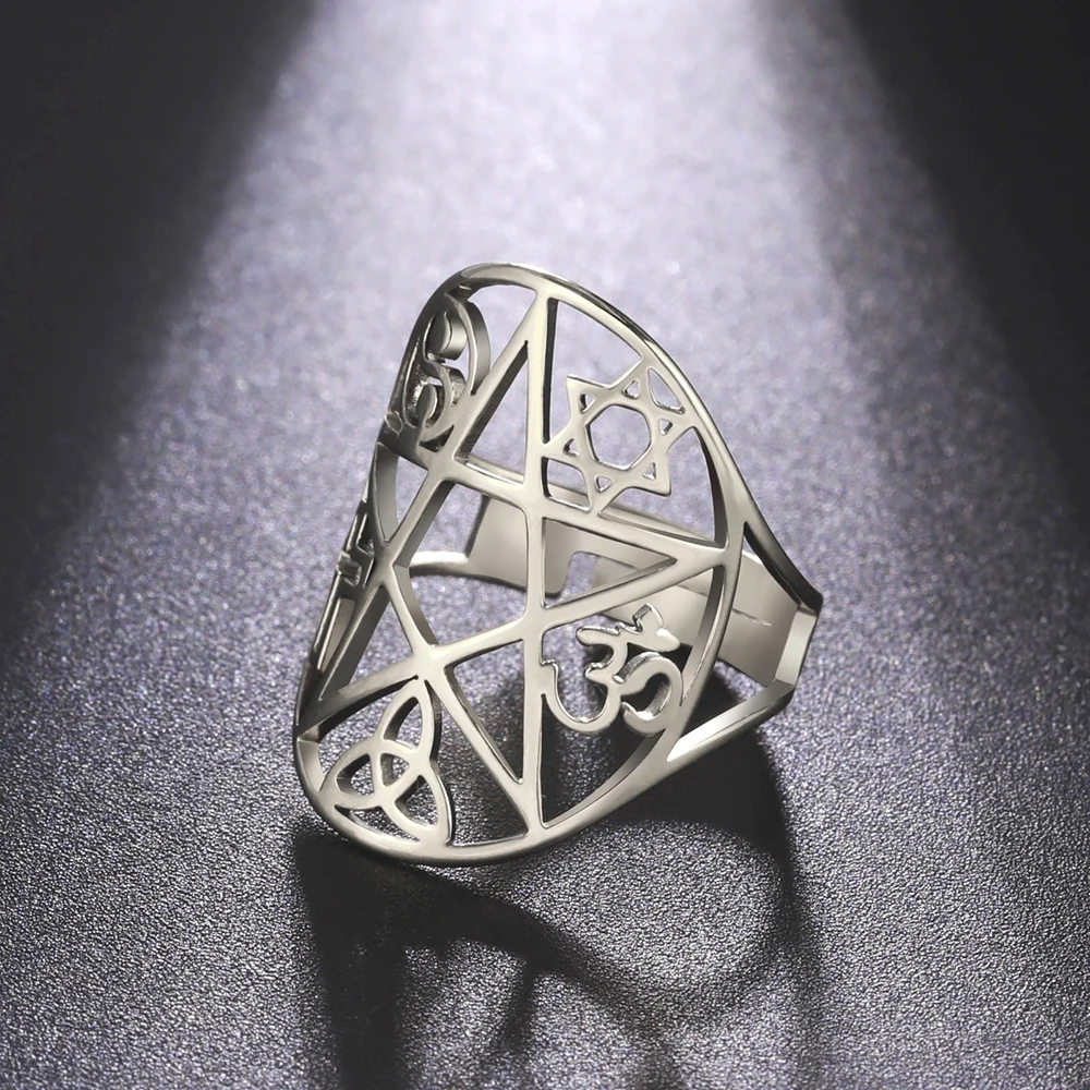 Dawapara Pentagramm Einstellbare Ring für Männer Frauen Triquetra Kreuz Stern OM Symbol Religiöse Geschenk Edelstahl Schmuck – Detail 24