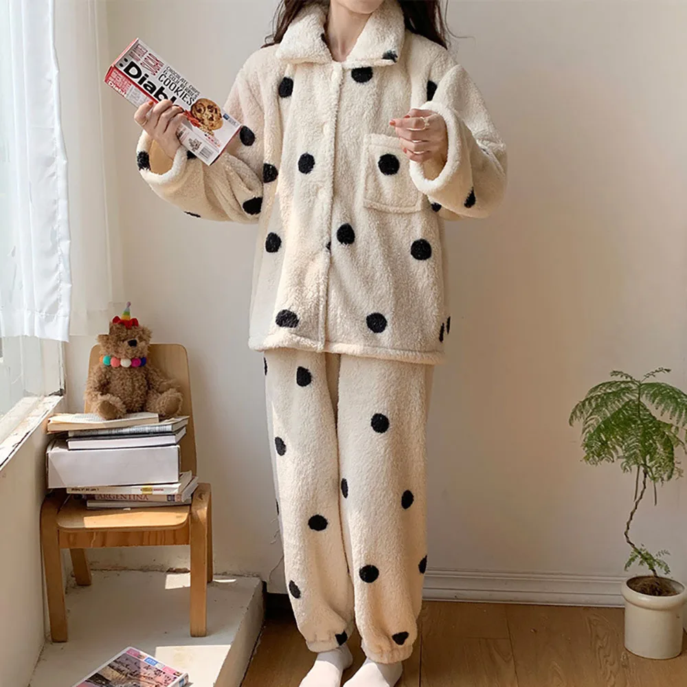 Women's Home Sleepwear With Plush-Thickened Polka Dot Coral Velvet Lapel Winter Loose Cardigan Long Sleeved Pants 2Pcs Pajamas