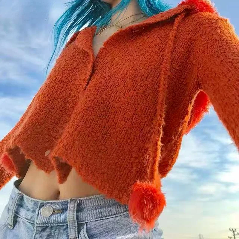 

2023 New Kawaii Short Pull Femme Sweters Harajuku Hairy Hairball Fur Collar Hooded Crop Sweater Women Knitted Cardigan Gothic