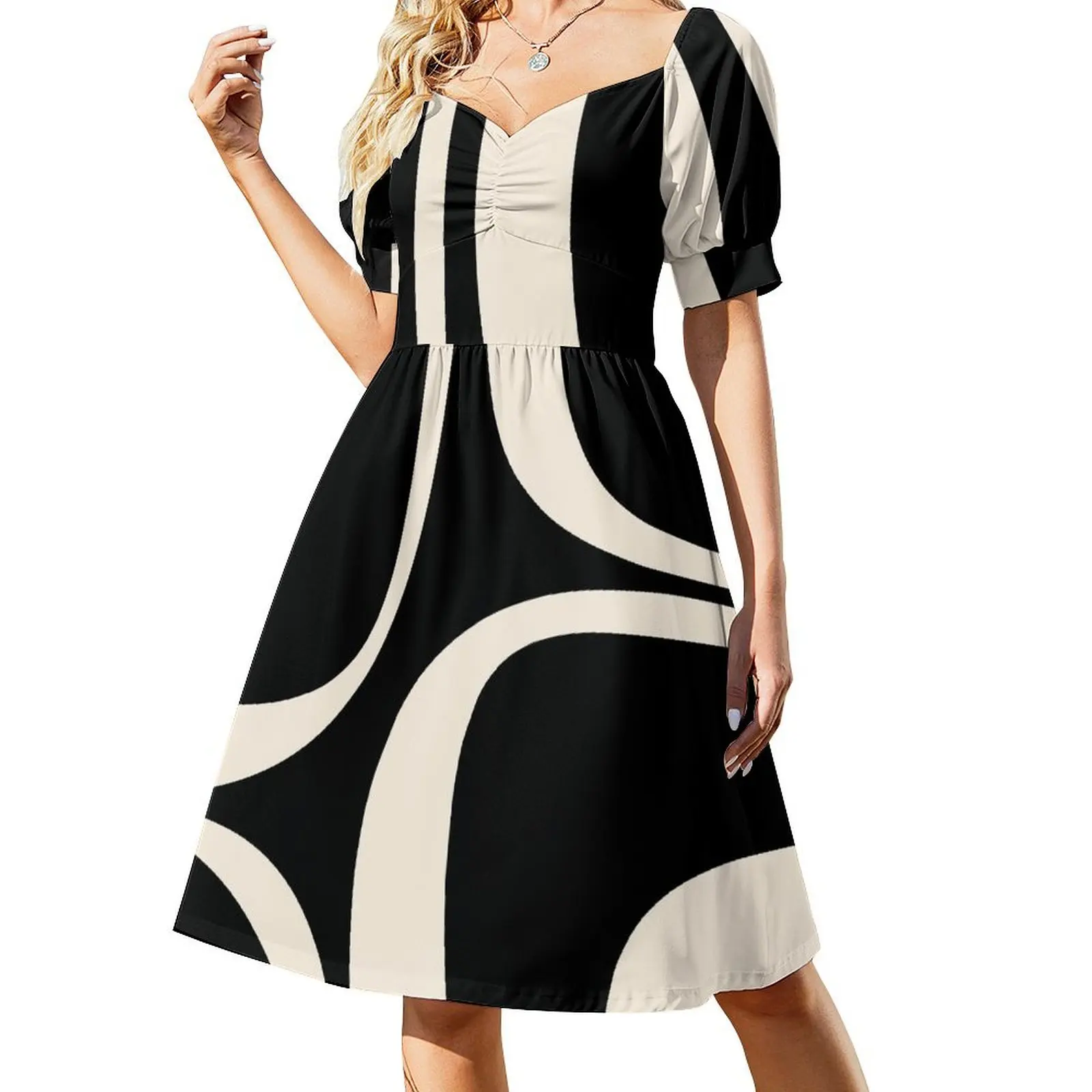 thumbnail image 1 of Vestido de manga corta con estampado minimalista abstracto retro en negro y crema almendra, estilo coreano, elegante, para mujer., 1 of 8