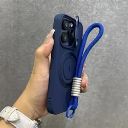 Luxury Flip - Up Lens Holder Magnetic Case with Fashion Nylon Wristband and Soft Cover - iPhone 15 Plus (Blue)