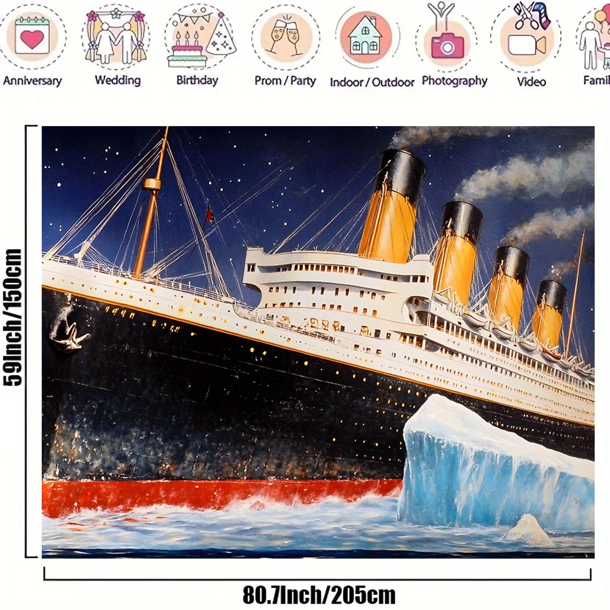 1, Titanic- und Eisberg-Ölgemälde-Banner-Hintergrund, geeignet für Geburtstage, Feiertage, Partys, mehrere Größen zur Auswahl – Detail 3