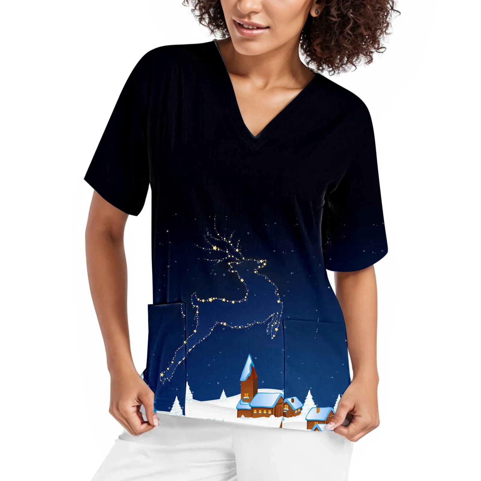 Christmas Nurse Scrubs Tops with Elk Print