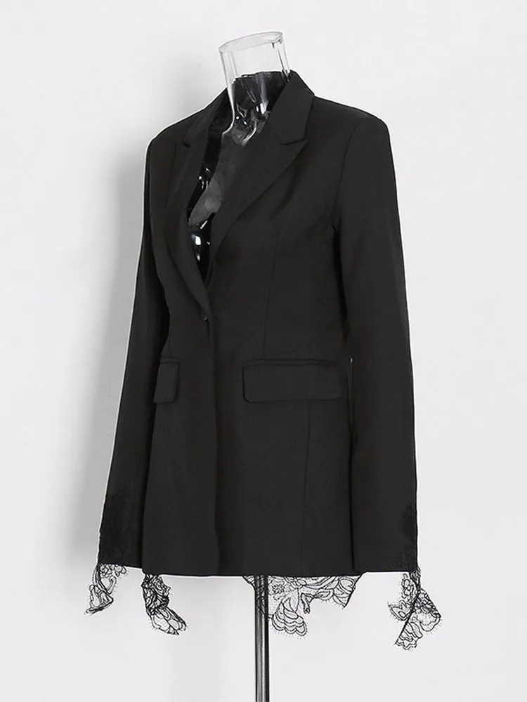 KBQ Spliced Lace Solid Elegant Blazer For Women Notched Collar Long Sleeve Patchwork Button Tunic Chic Blazers Female Clothing