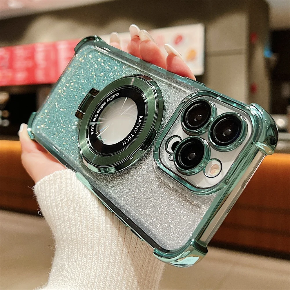 Farbverlauf Glitzer Magnetständer Klare Handyhülle für iPhone 15 14 Plus 13 12 11 Pro Max Bumper Objektivschutz Hard Cover_voghion.com