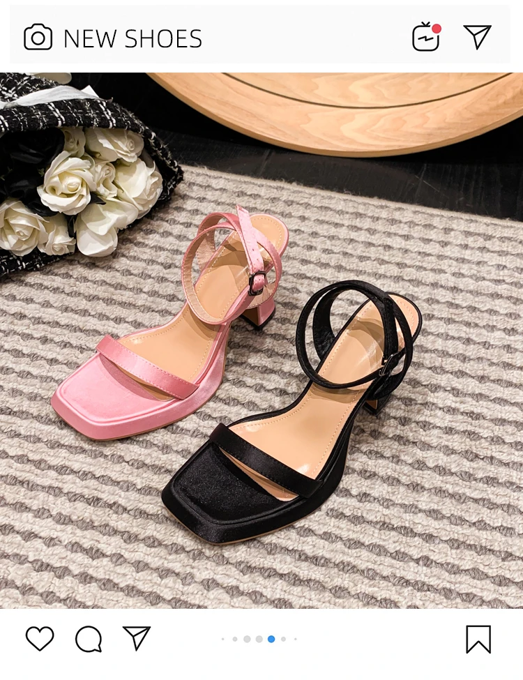 Sandals female 2023 summer new rhindiamonds square open toe thick heel high heels one line strap sandals dress designer shoes