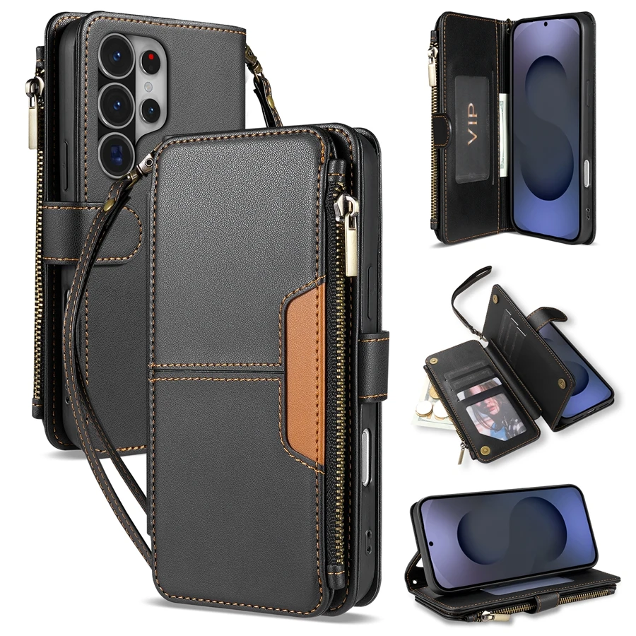 Leather Wallet Case with Multi-Card Slots, Zipper, Kickstand, and Magnetic Closure