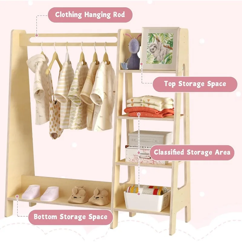 Kids Dress Up Storage with Mirror, Kids Closet with 5 Hanger and Stickers, Opening Hanging Costume Closet Wardrobe for Kids 2