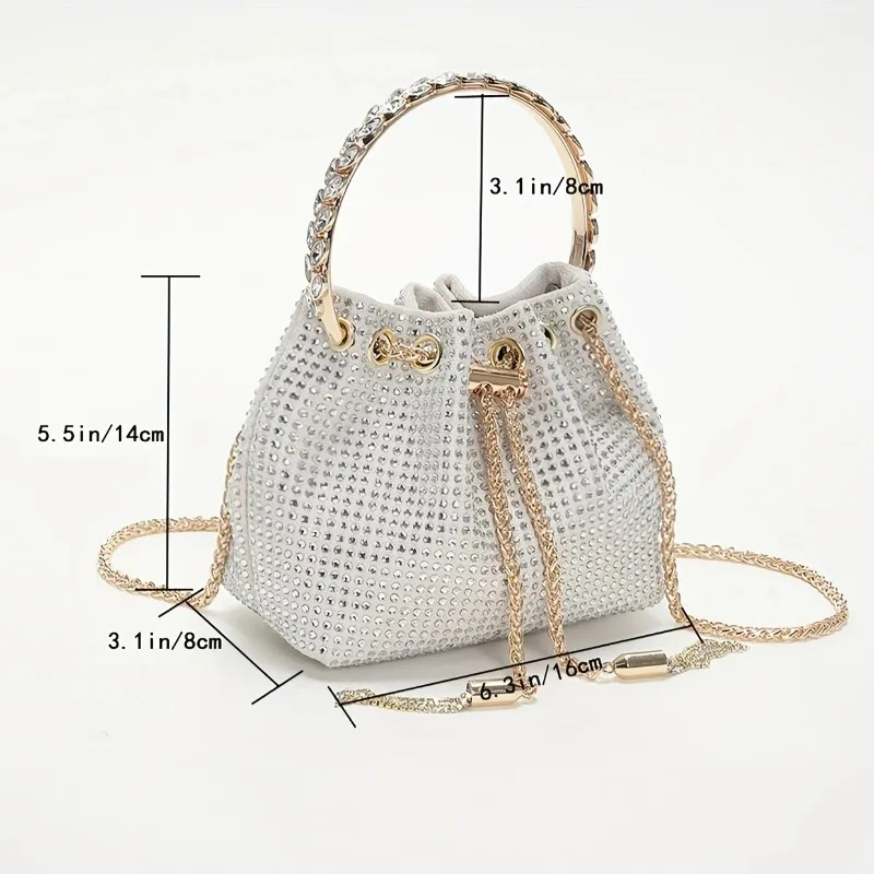 Elegant Women Chain Crossbody Bag Solid Color Rhinestone Glittering Satchel Bag Drawstring Shinny Sling Purse Dinner Party Bag