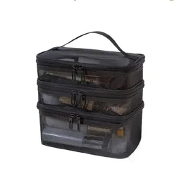 Portable Transparent Mesh Travel Bag with Large Capacity for Toiletry and Makeup Organization (Black - 3 layer)