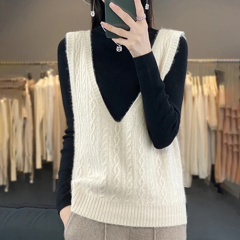 

Women's Casual Merino Wool Sweater, Sleeveless Tank Top, Knitted Vest, Large V-Neck, Loose, Solid, Girls' Vest