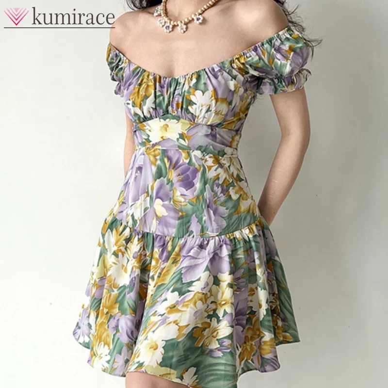 Women's French Retro Summer Dress, Oil Painting Flower, Bubble Sleeve, Back Strap Skirt, Big Size, New, 2021