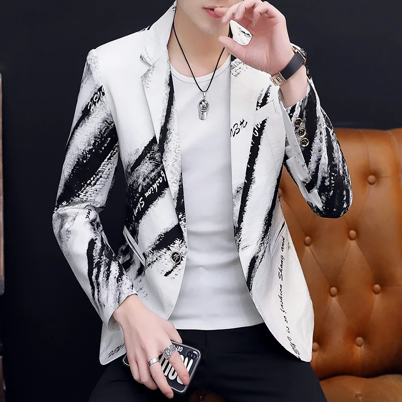 Fashion Printed Men Suit Jacket Single Button Long Sleeve Young Man Clothing Yellow Black White Casual Male Slim Fit Blazer Coat