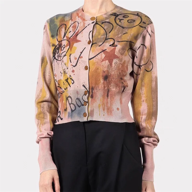 

Cardigan for women2023 Autumn New Korean Fashion Handdrawn Graffiti Women's Sweater Elastic knitted pure cotton long sleeved top