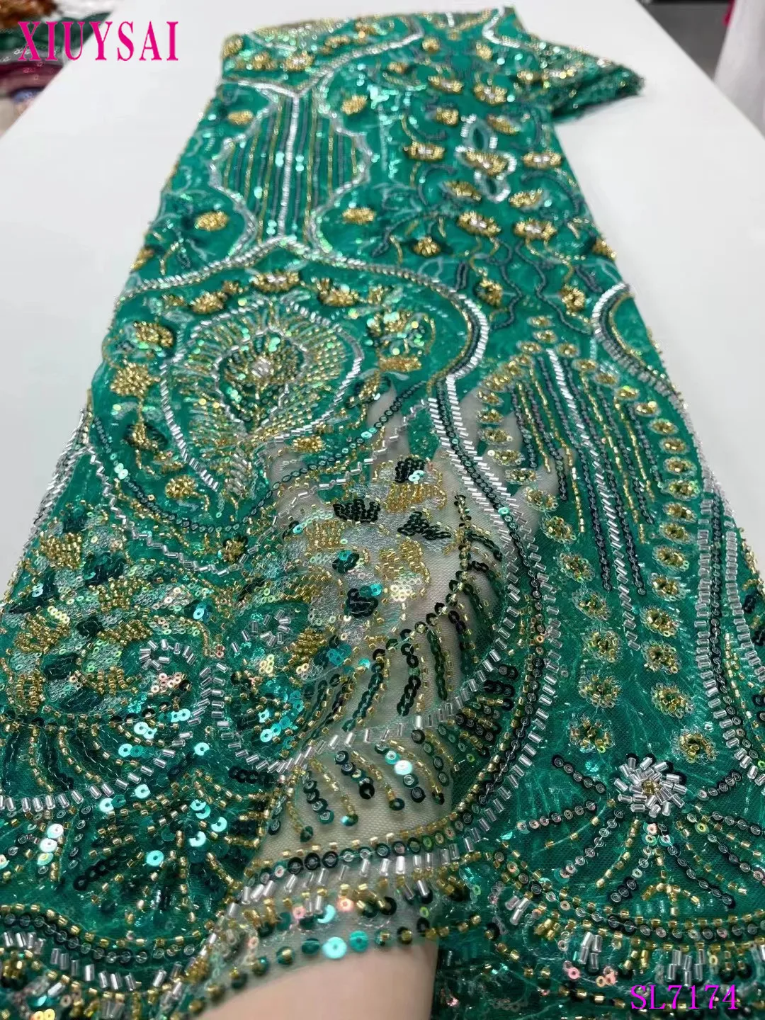 

African Tulle Lace Fabric green High Quality Lace Material French Nigerian Luxury Sequins Beads Lace Fabric For Wedding Sewing