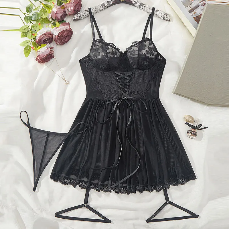 A Full Set Of Blue Plus Size Transparent Lingerie Suits Lace Bra Garter Belt Thong Sets Hot Women's Erotic Underwear Night Dress