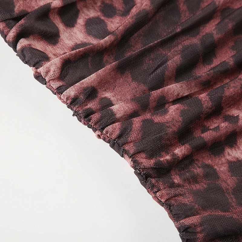 Camiseta de malla transparente con estampado de leopardo, top corto sexy de manga larga con volantes y botones, camiseta urbana vintage para mujer Y2K