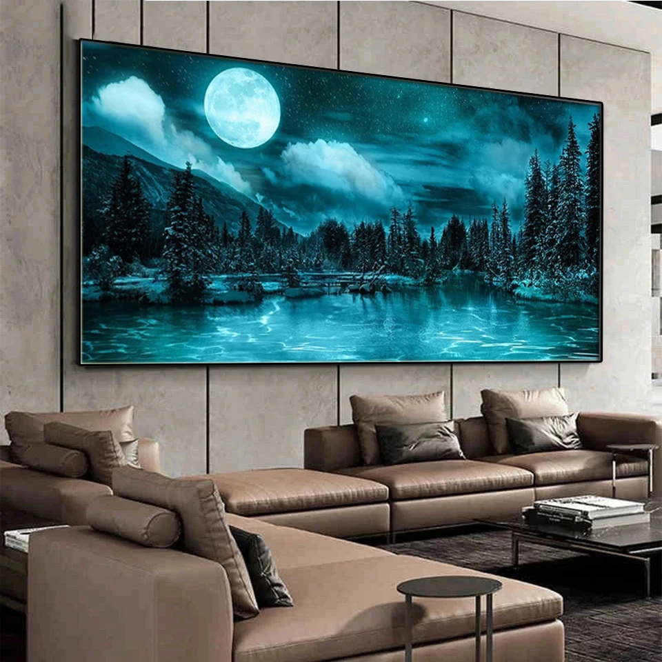 5D Moon Night Forest Mountain Tree Pittura Diamante Punto Croce Starry Sea View Snow Full Diamond Ricamo Mosaico Wall Art