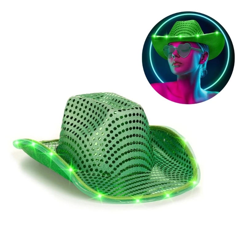 Glowing Sequins Cowboy Hat Wide Brim LED Light Up Brim Hat Woman