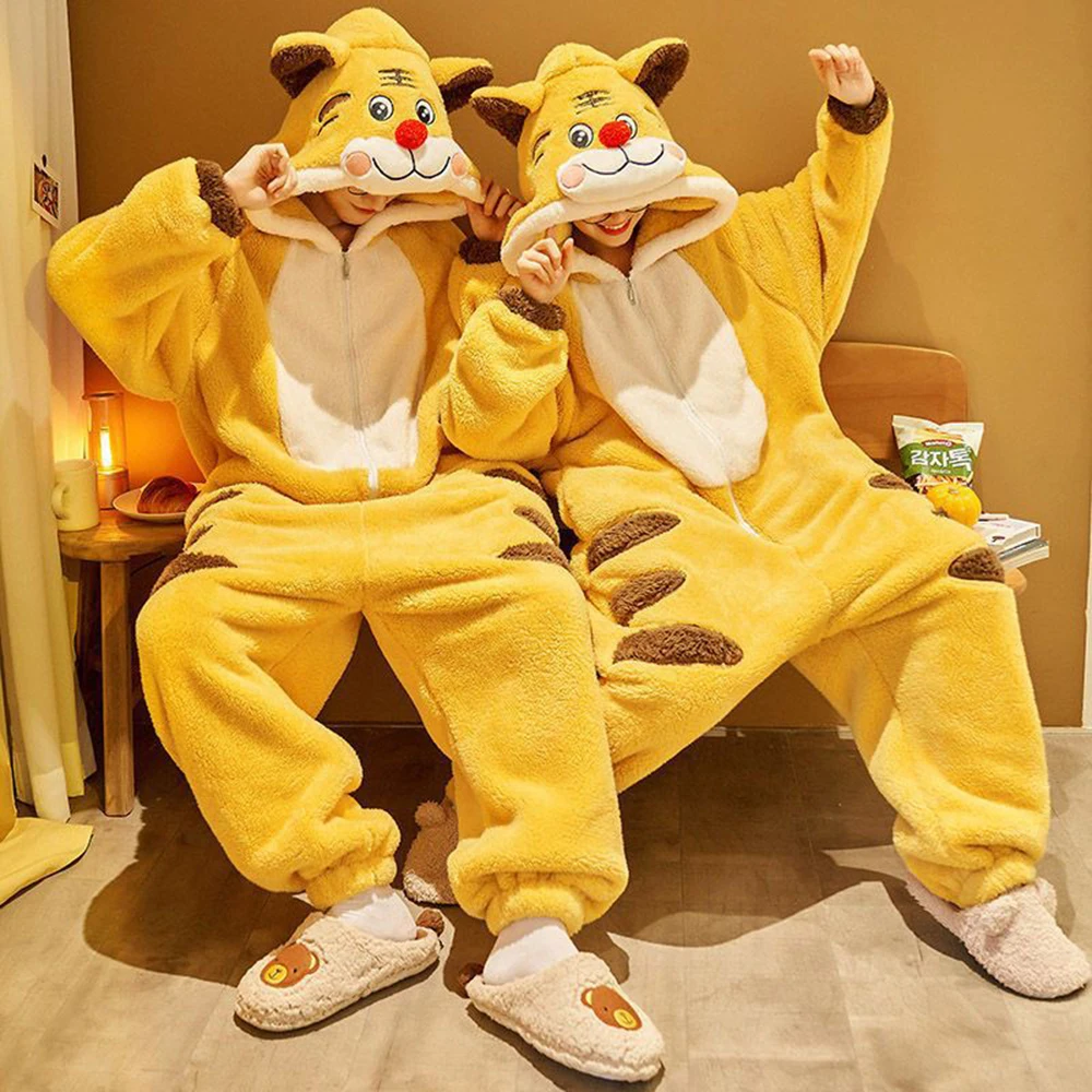 Cute Flannel Tiger Pajamas Winter Plus Velvet Warm Onesie Women's Sleepwear Unisex Loose Thick Plush Hooded Jumpsuits Homewear
