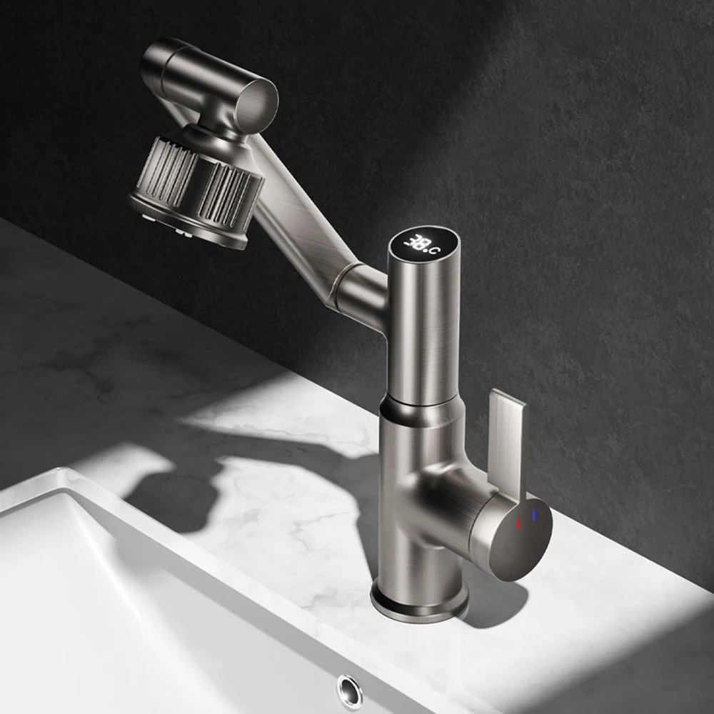 

Digital Display Temperature Brass Hot And Cold Water Basin Faucet Multifunctional Rotating Water Faucet Bathroom Facility