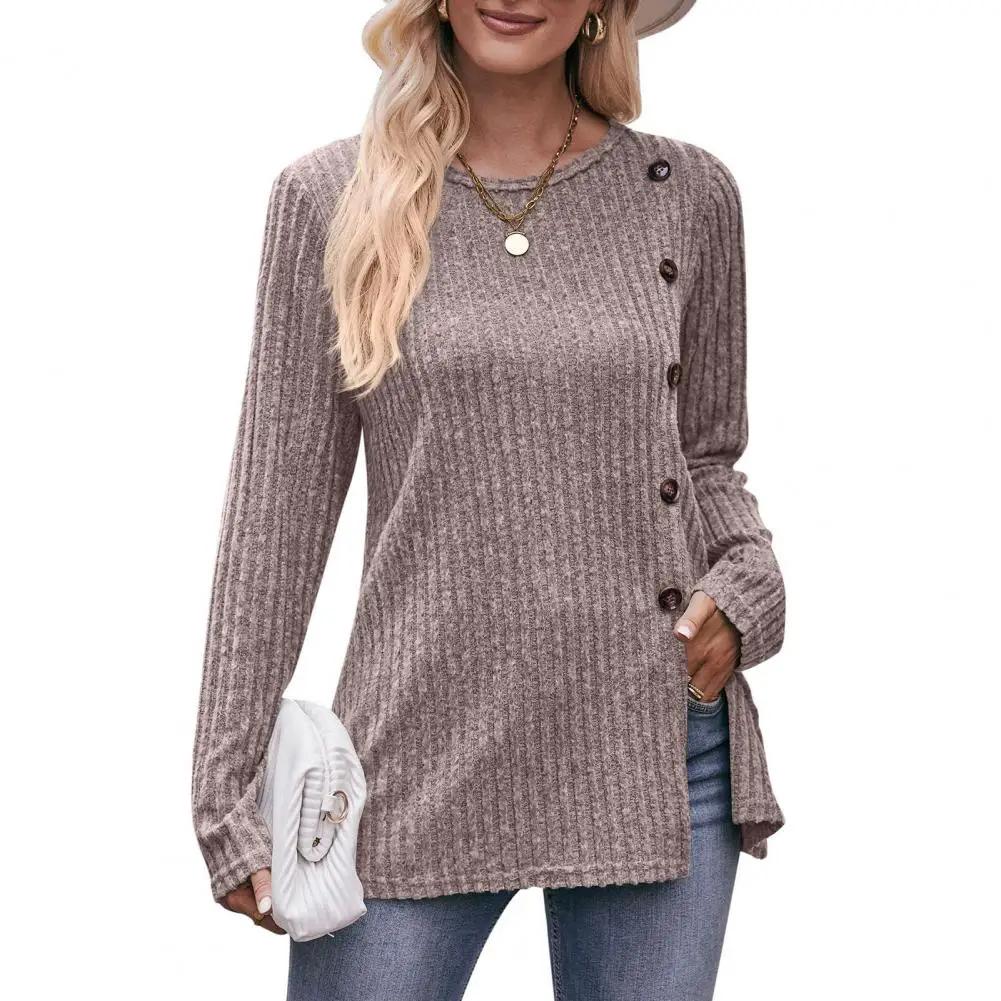

Women Fall Spring Top Button Decor Split Hem Solid Round Neck Striped Texture Solid Color Elastic Irregular Soft Lady Blouse